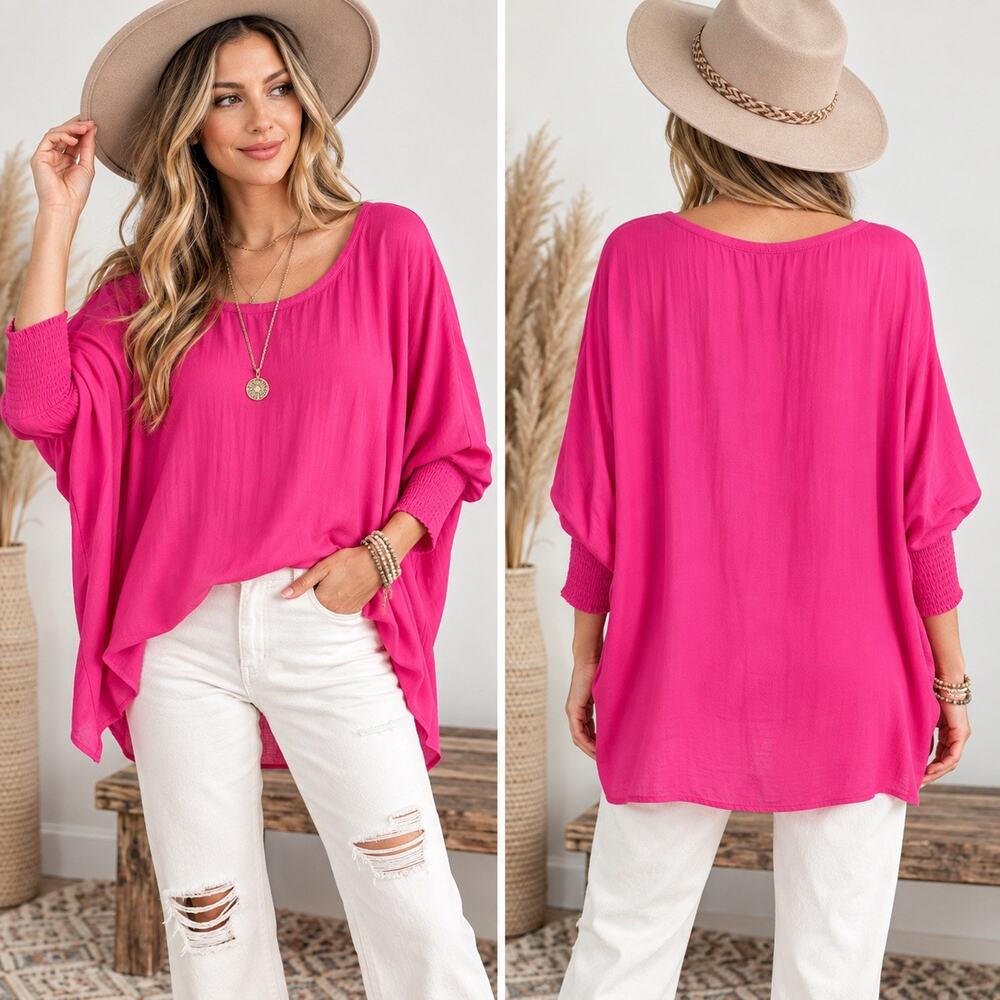 Ee:some Hot Pink Fuchsia Dolman Smocked Sleeve Oversized Blouse Women’s Medium